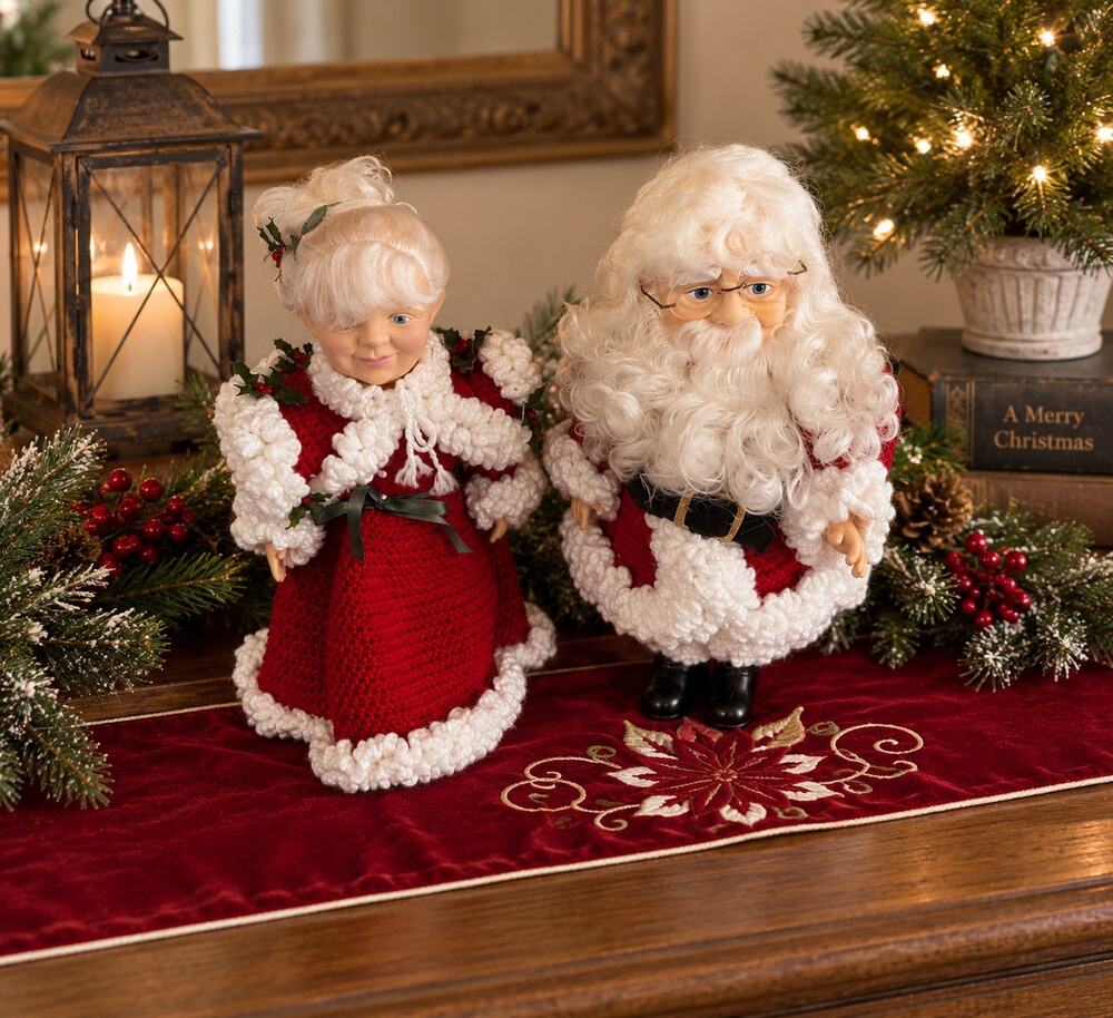 Handmade Crochet Mr. & Mrs. Claus Christmas Dolls Holiday Decor Set of 2